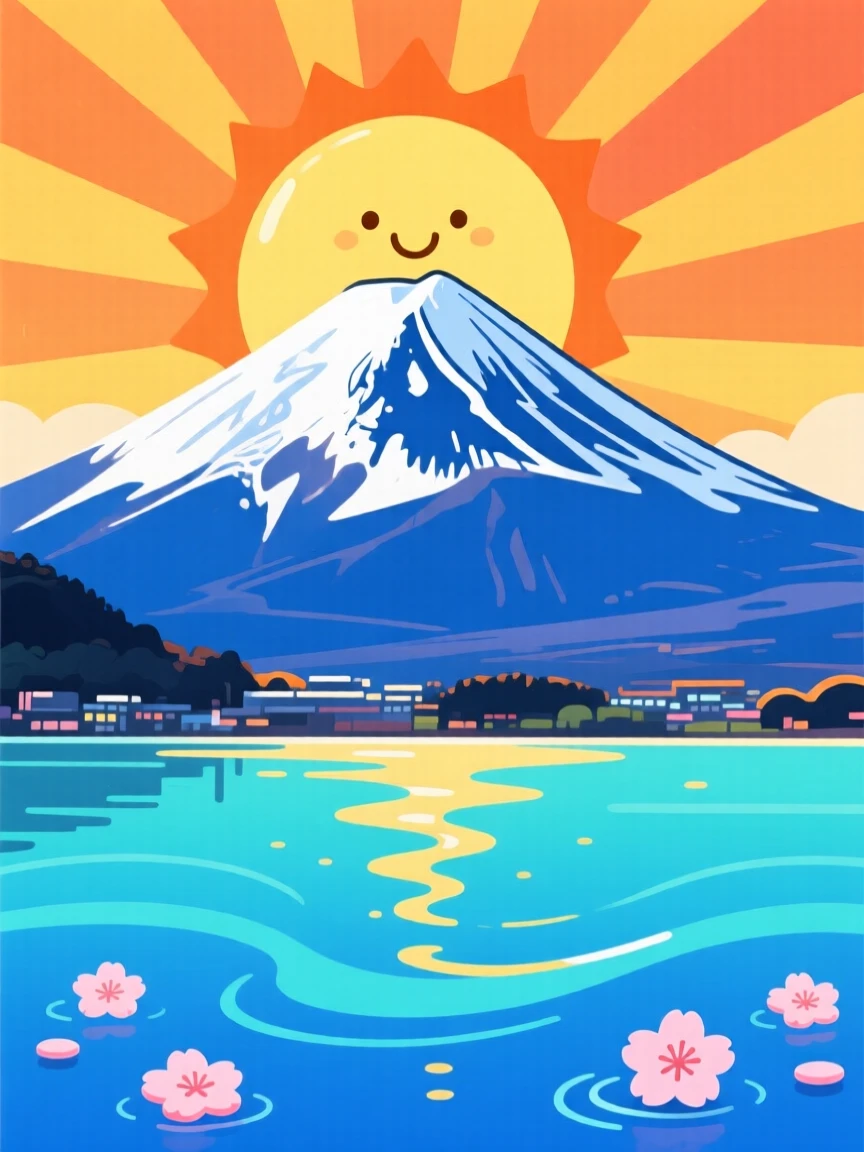 The sun rising behind snow-capped Mount Fuji over a quiet lake.