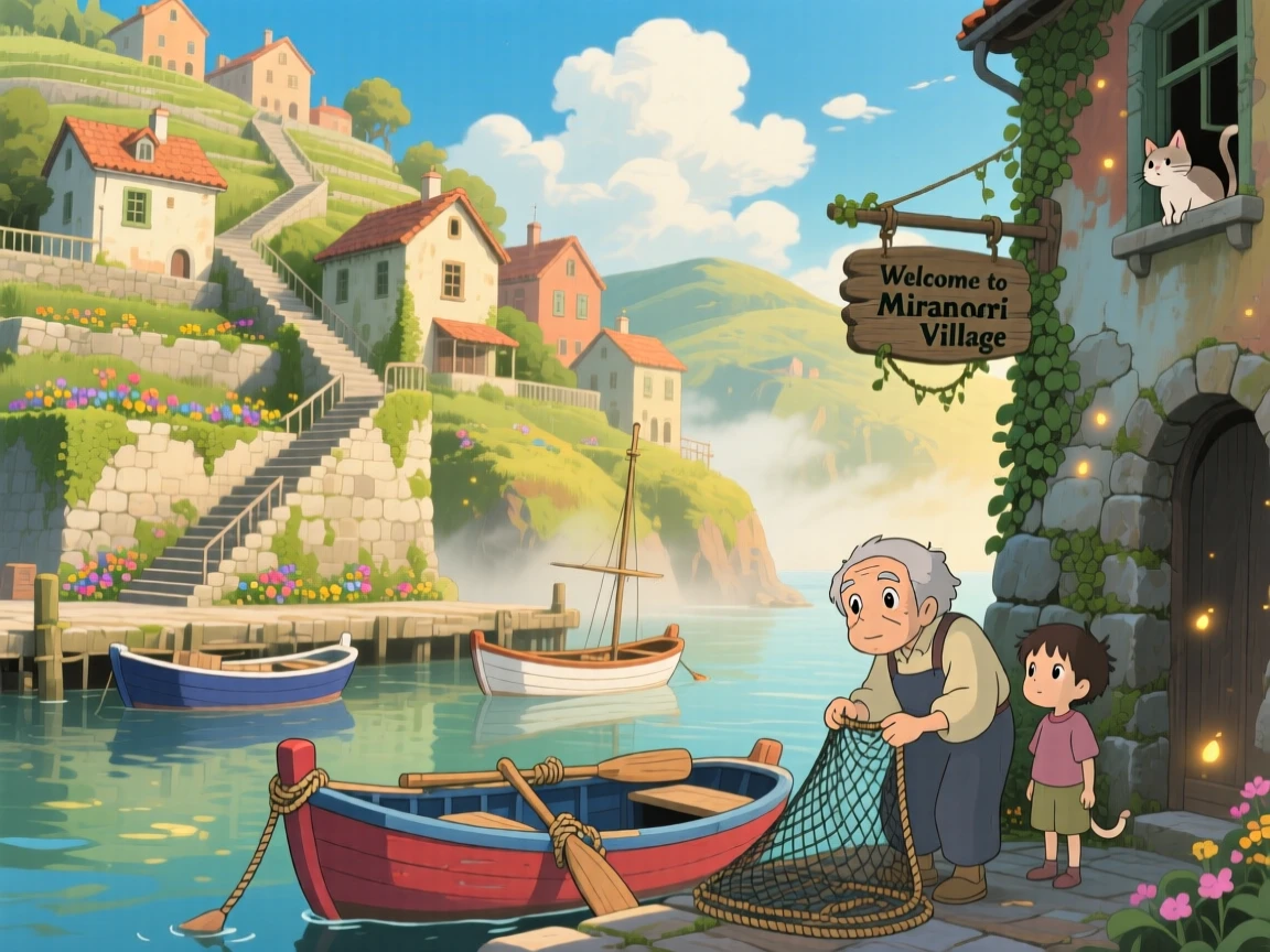 A scenic view of a terraced hillside town connected by narrow stone stairways, as fishing boats bob gently in the harbor.