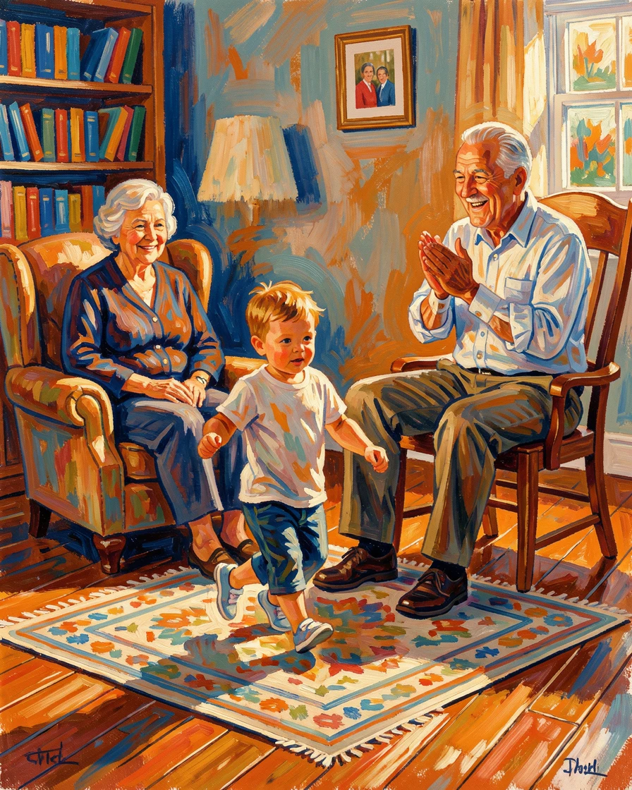 Grandparents watching their grandchild take their first steps across the living room floor.