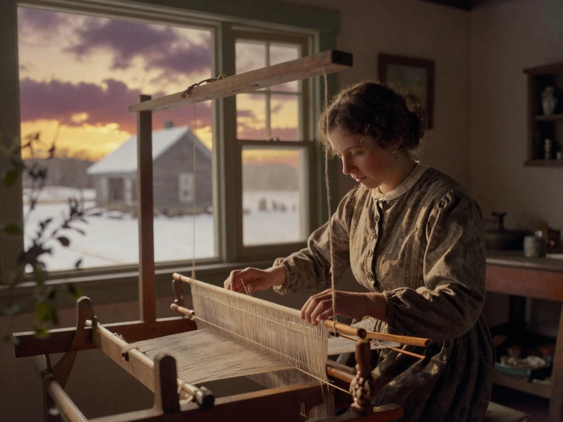 A weaver working a traditional loom in a rural cottage, under a glowing sunset sky, under scattered clouds, under the first snow of winter, with rich burgundy and gold accents, peering through foliage in the foreground.