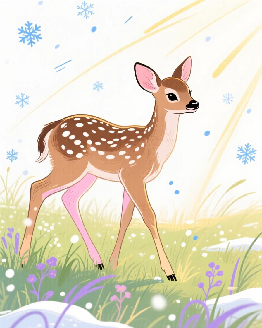 A spotted fawn wandering in a sunlit meadow during a light snowfall.