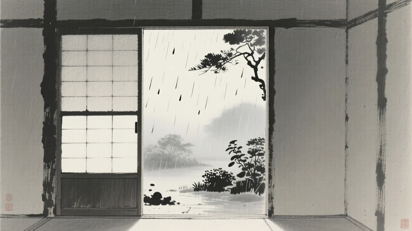 An open door revealing a misty garden beyond as gentle rain falls in the distance, framed with soft, diffused light throughout, conveying a poetic sense of calm and reflection.