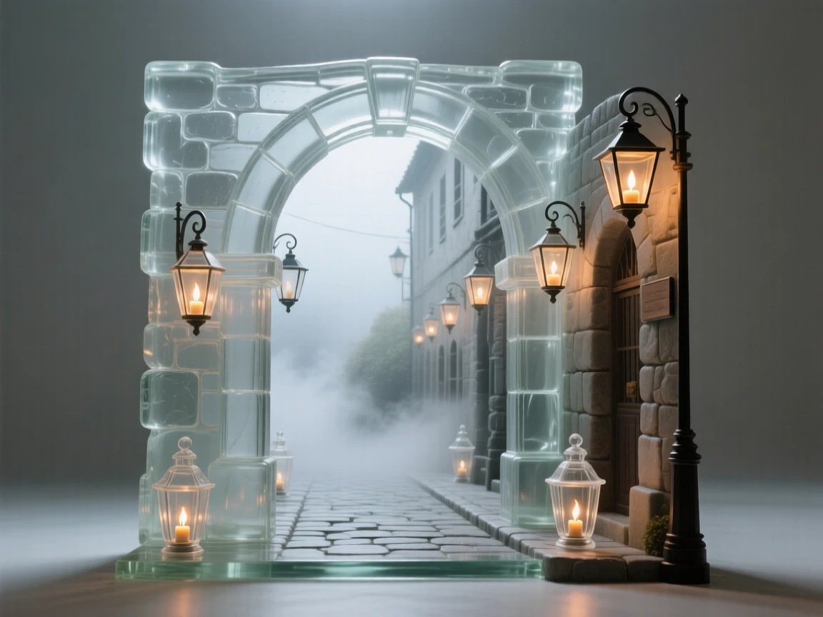 As morning fog drifts slowly through the streets below, an ancient stone archway leading into a hidden courtyard, while lanterns begin to glow one by one along the street