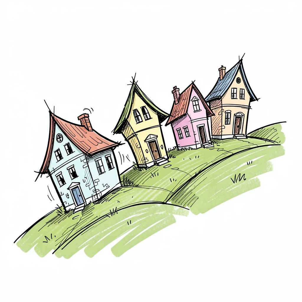 A row of pastel-colored houses on a hillside beside rolling green hills.