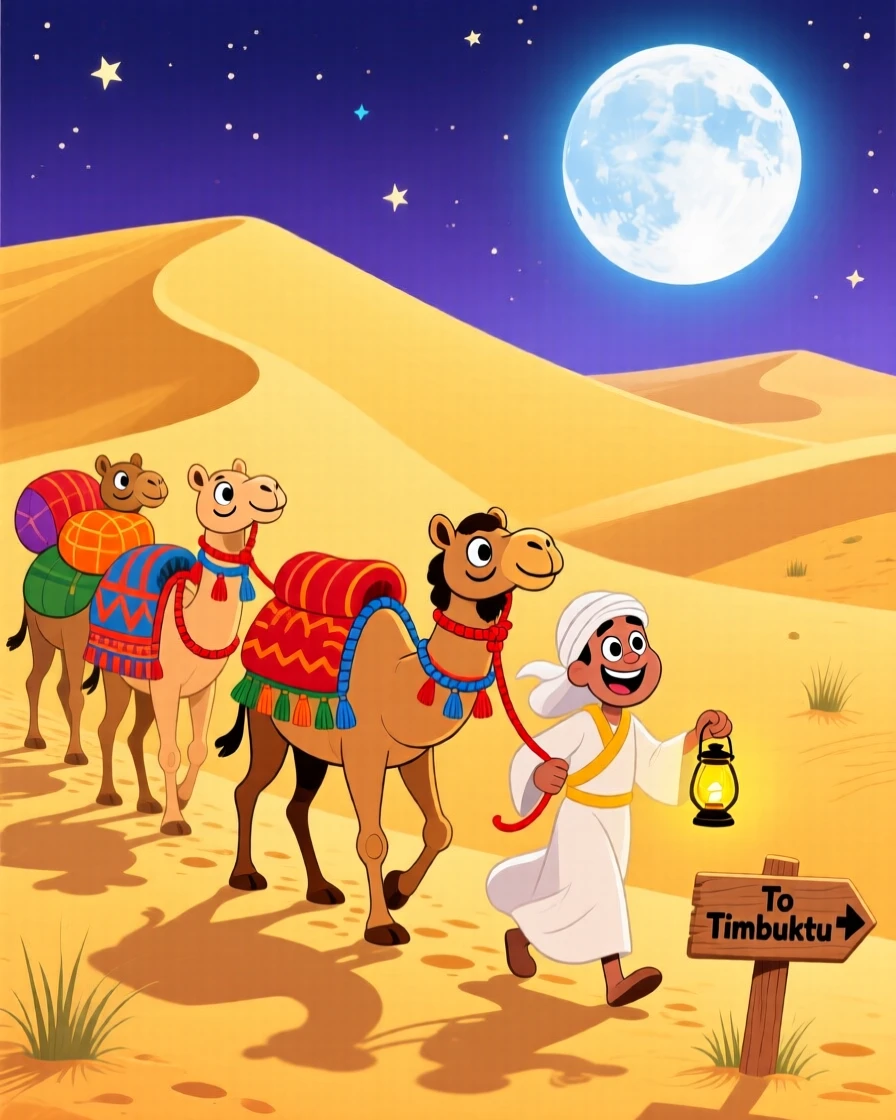 A caravan crossing the golden dunes of the Sahara Desert under a full moon.