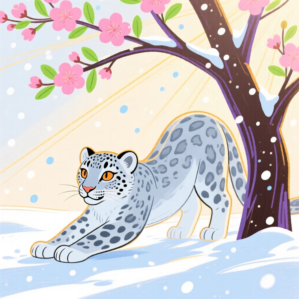 A snow leopard cub stretching in the morning light under a blossoming tree during a light snowfall.
