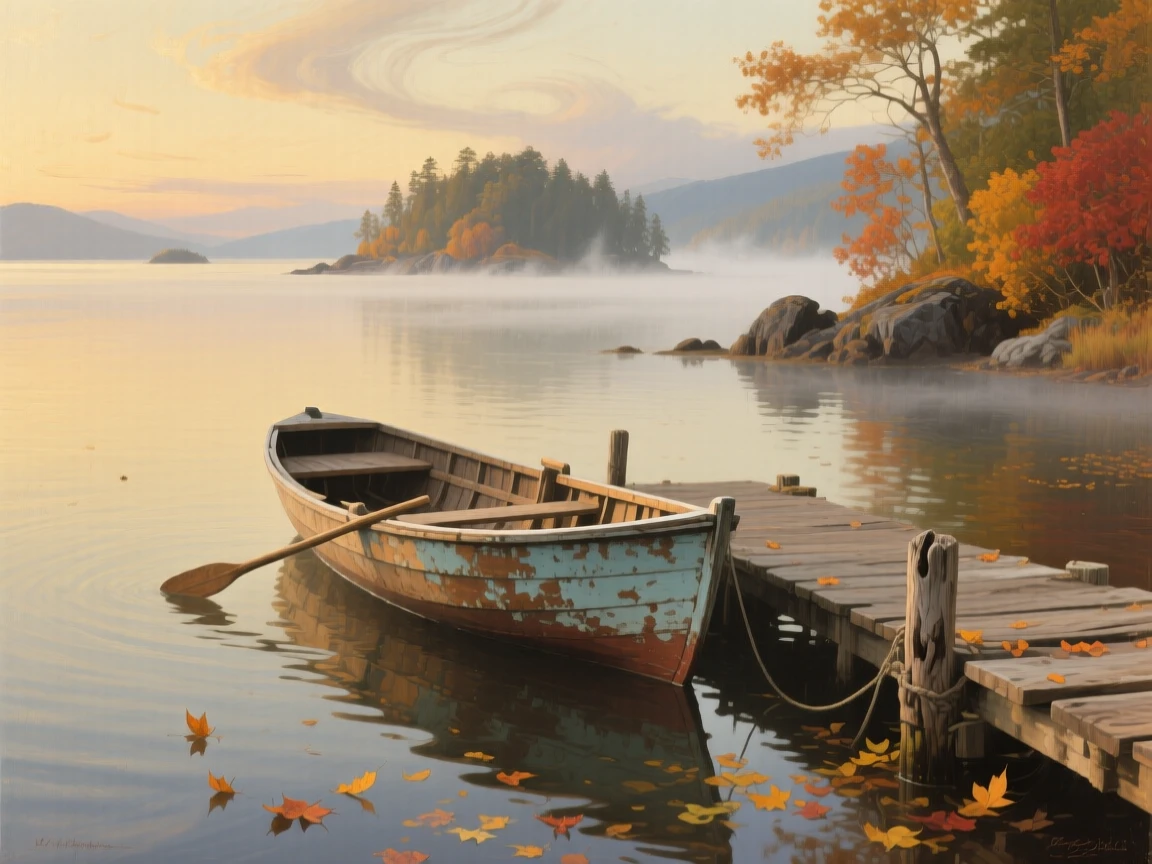 A broad landscape view of an old wooden rowboat tied to a dock on a misty lake, on a Pacific island, in late afternoon, amid swirling autumn wind.