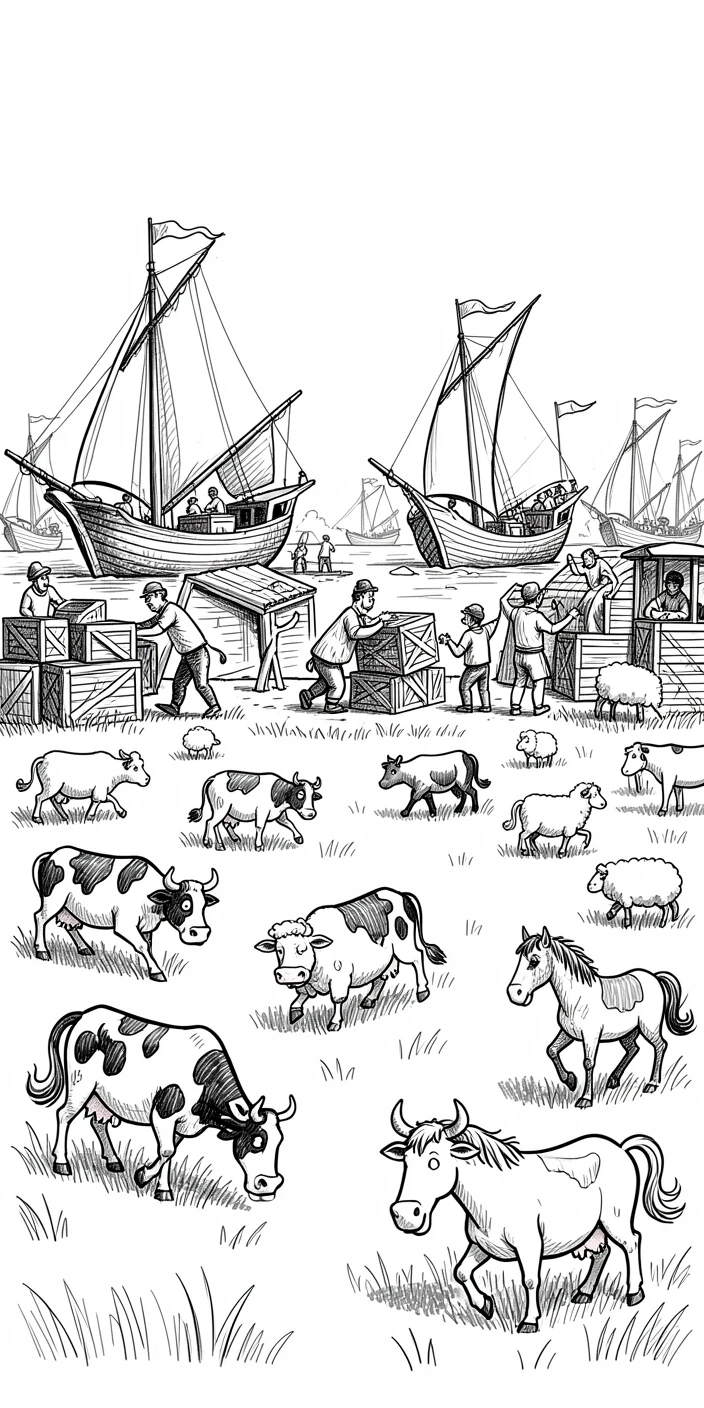 A vast grassy plain with grazing animals beside a bustling harbor.