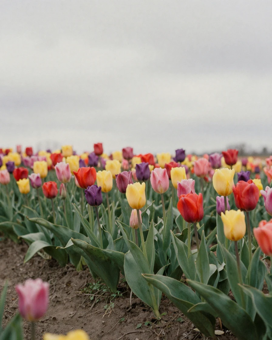 Rows of tulips in brilliant colors beneath an overcast sky, in gentle diffused daylight, in crisp, dry air, as spring blossoms unfurl, with deep emerald greens and browns, peering through foliage in the foreground.