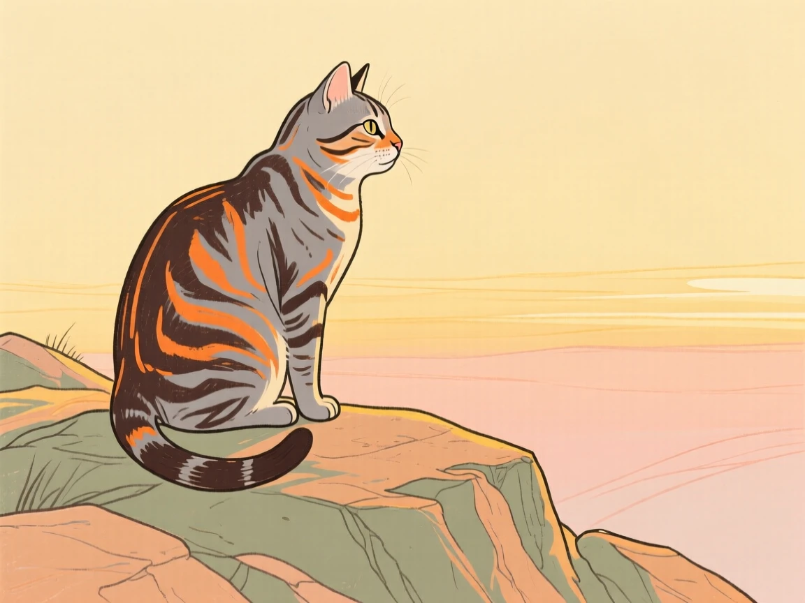 A tabby cat watching the horizon on a rocky hillside during golden hour.