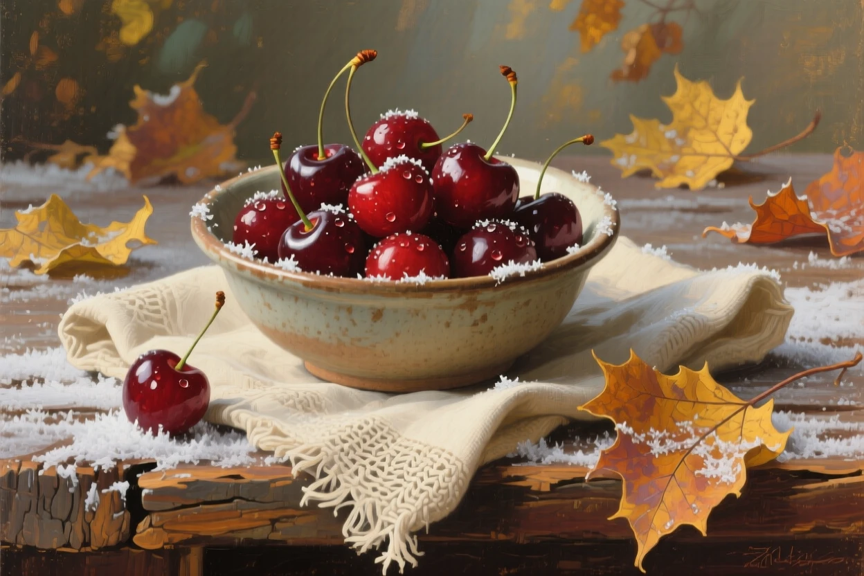 An intimate close-up of a bowl of freshly picked cherries beside a linen napkin, beneath fresh fallen frost, as autumn leaves turn gold.