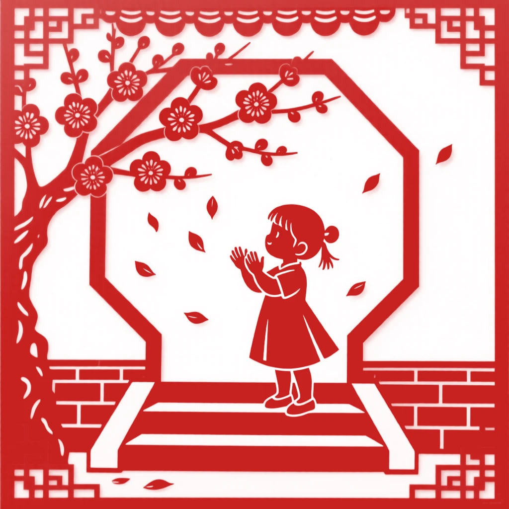 A little girl in a red dress, playing a hand-clapping game on the front steps, petals drifting down around them from a nearby tree.