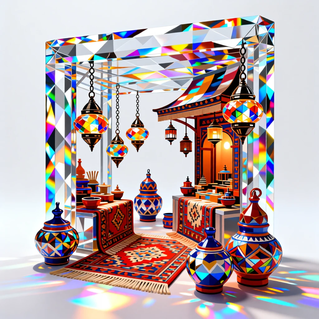 A vibrant Turkish bazaar filled with hanging lanterns, rugs, and ceramic pottery.