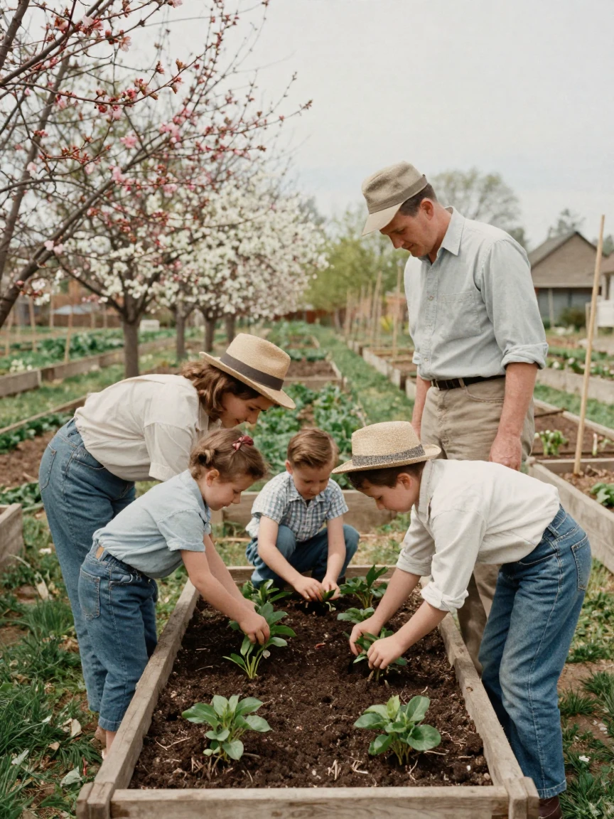 Parents and children planting seedlings in a community garden, in gentle diffused daylight, in crisp, dry air, as spring blossoms unfurl, with deep emerald greens and browns, framed symmetrically down a long corridor.