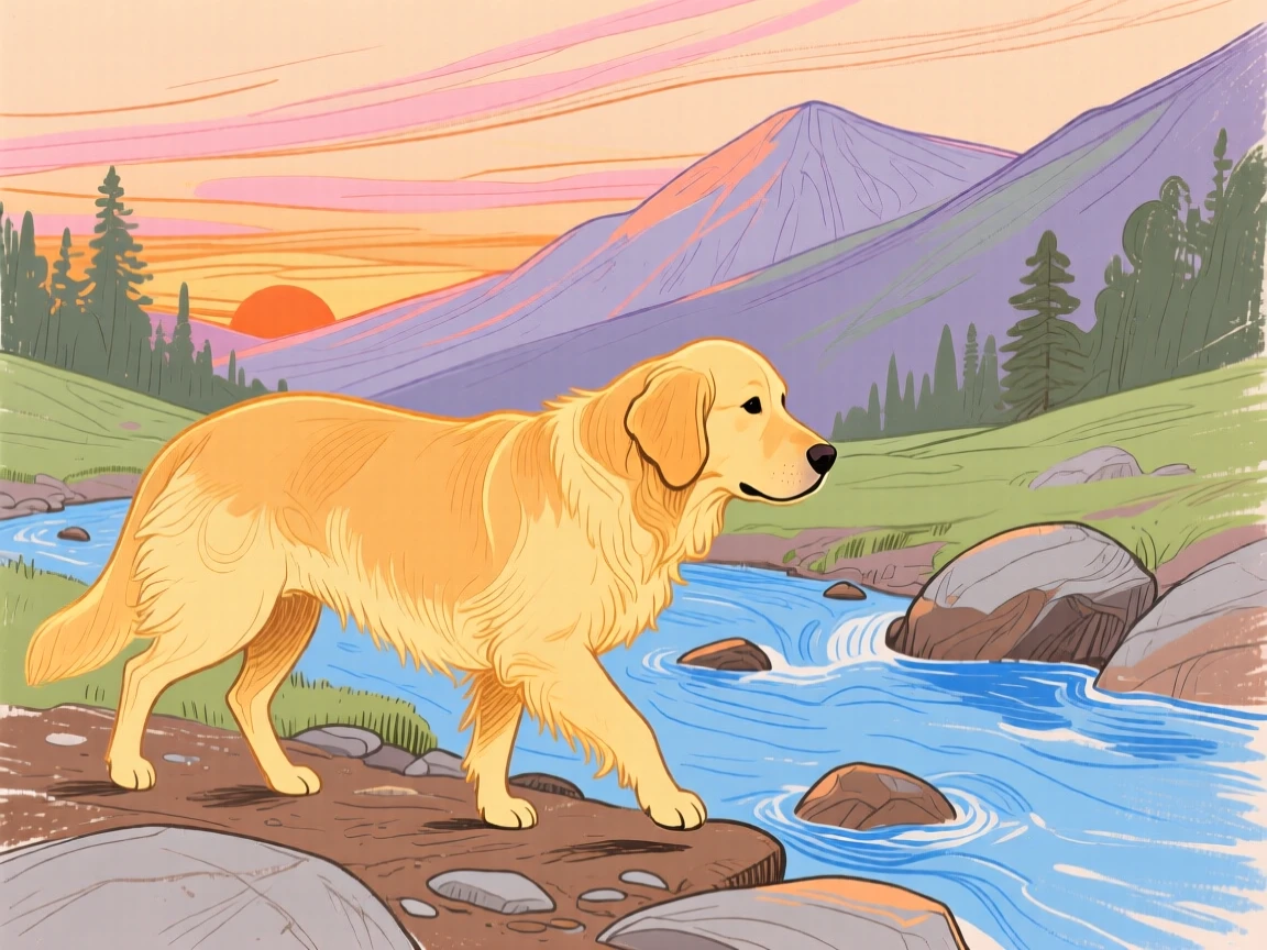 A golden retriever wandering beside a mountain stream at sunset.