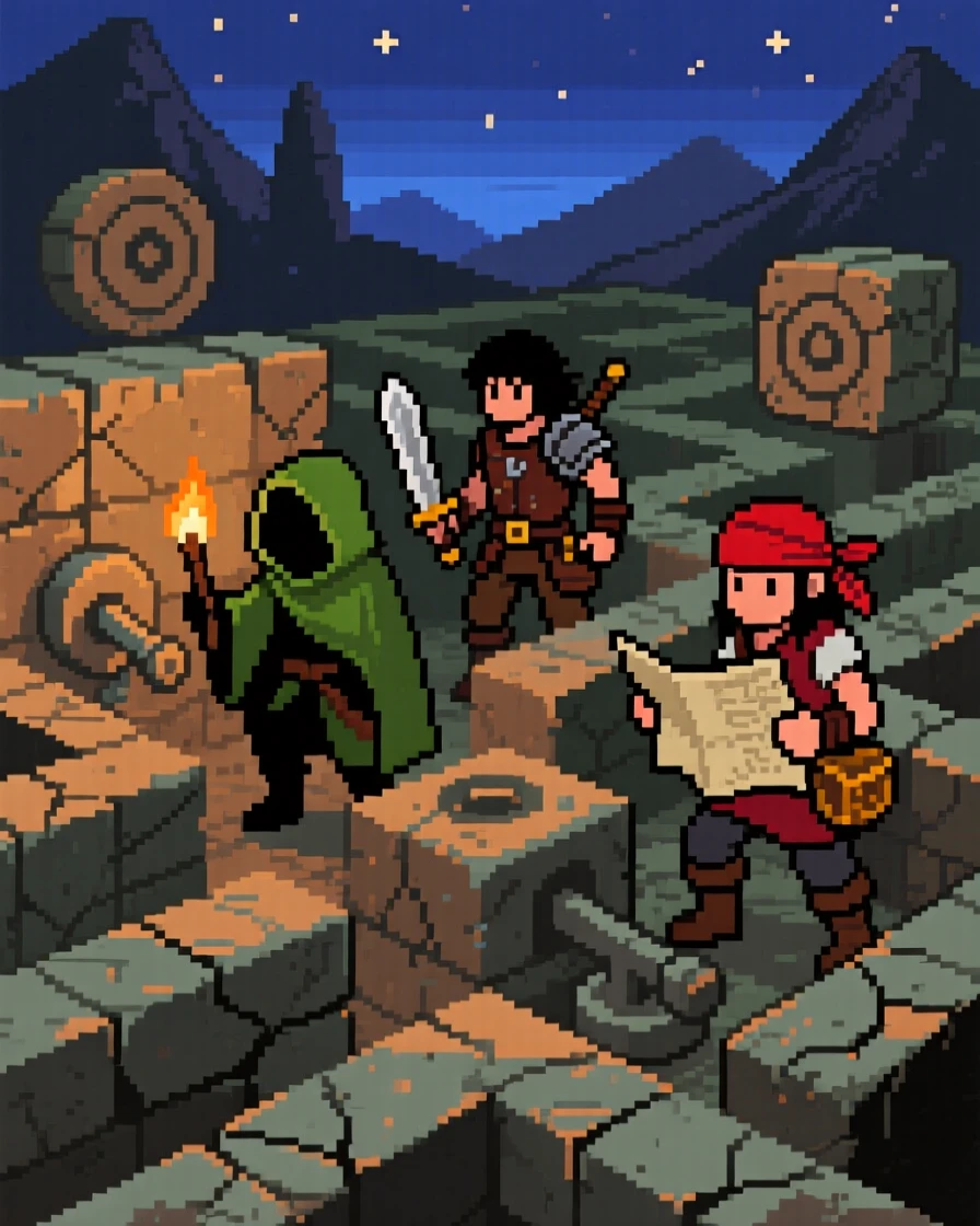 A small band of treasure hunters navigating a maze of ancient stone puzzles, in a retro-style fantasy kingdom.