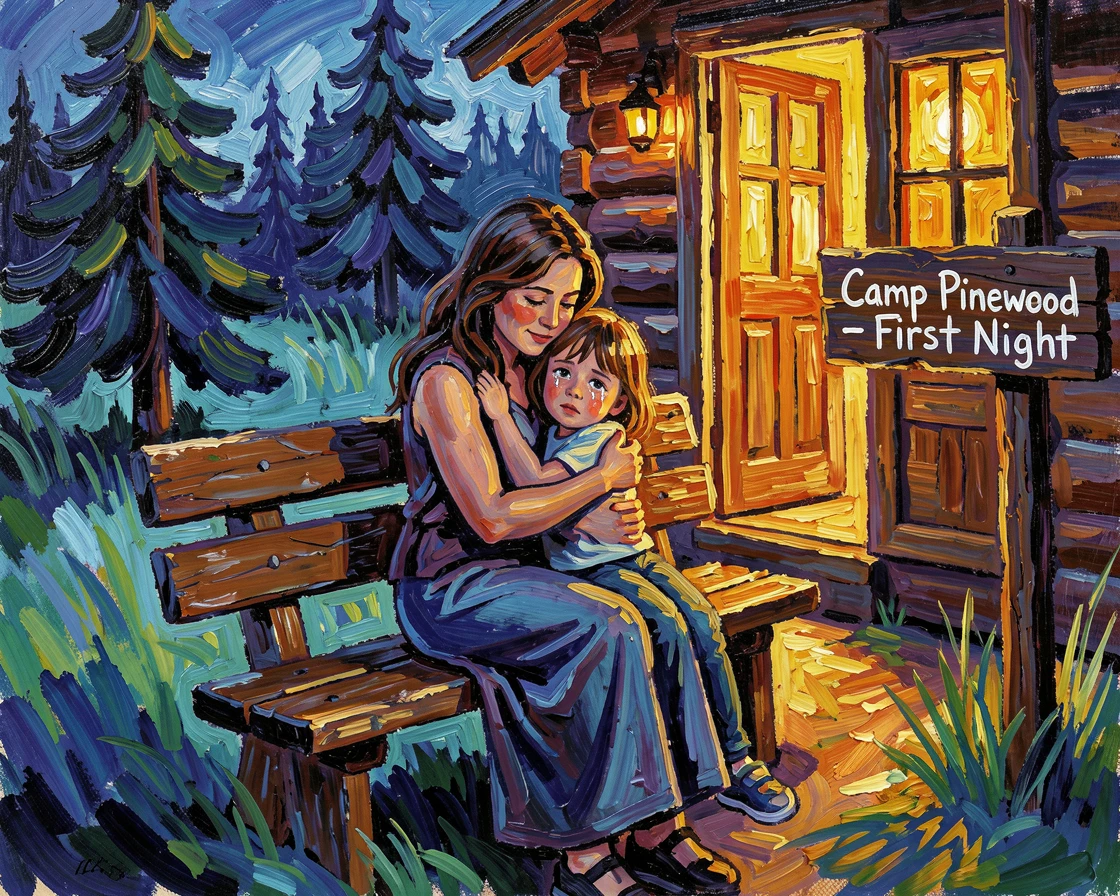 A mother comforting her homesick child during their first night away at camp.