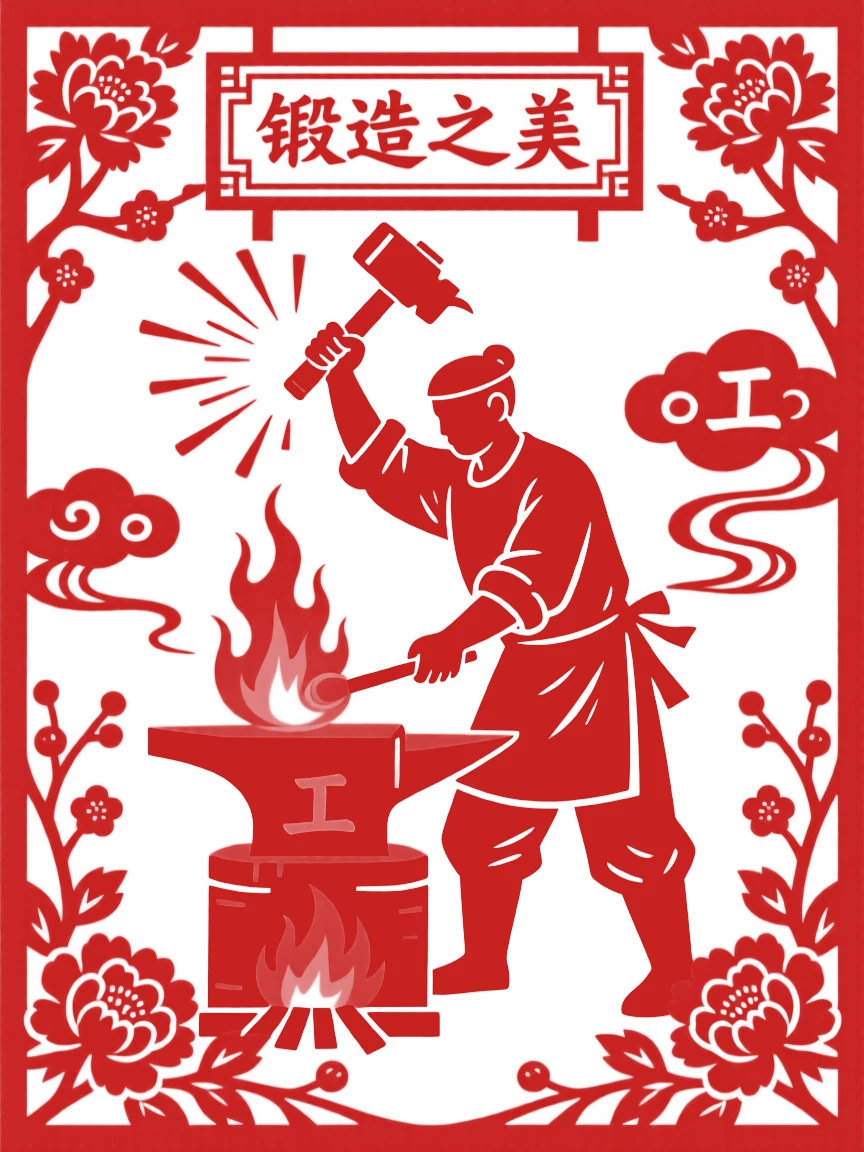 A blacksmith hammering a glowing piece of iron at his forge, sparks flying with each measured strike