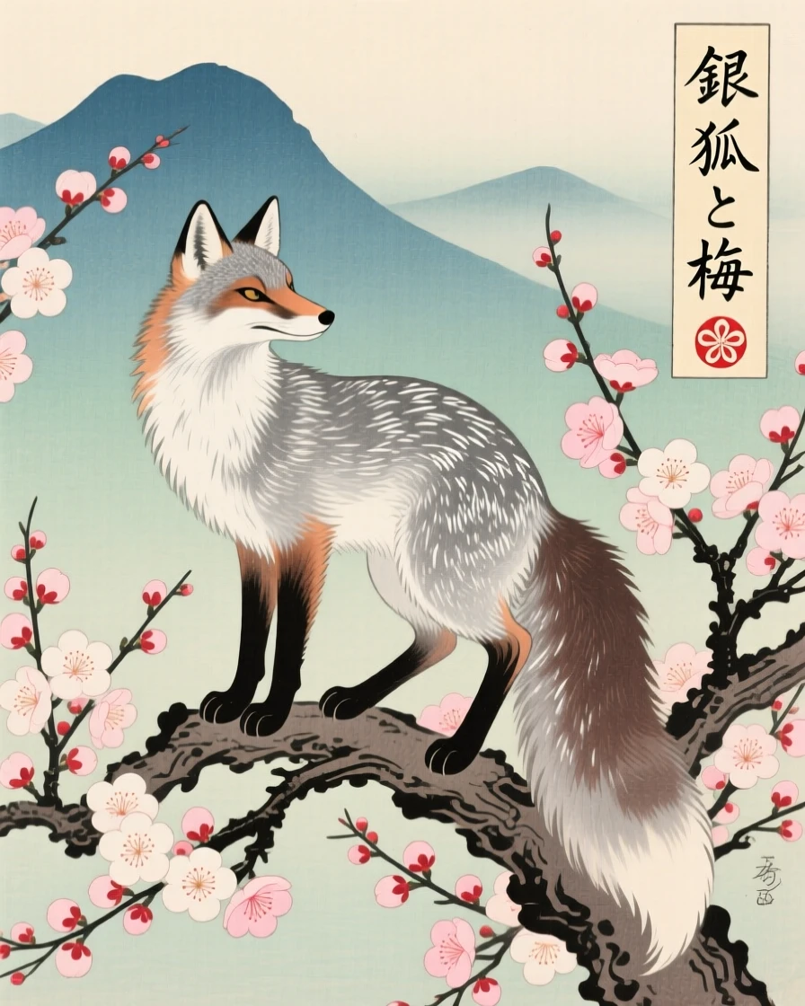 A silver fox gathered on a blossoming plum branch.