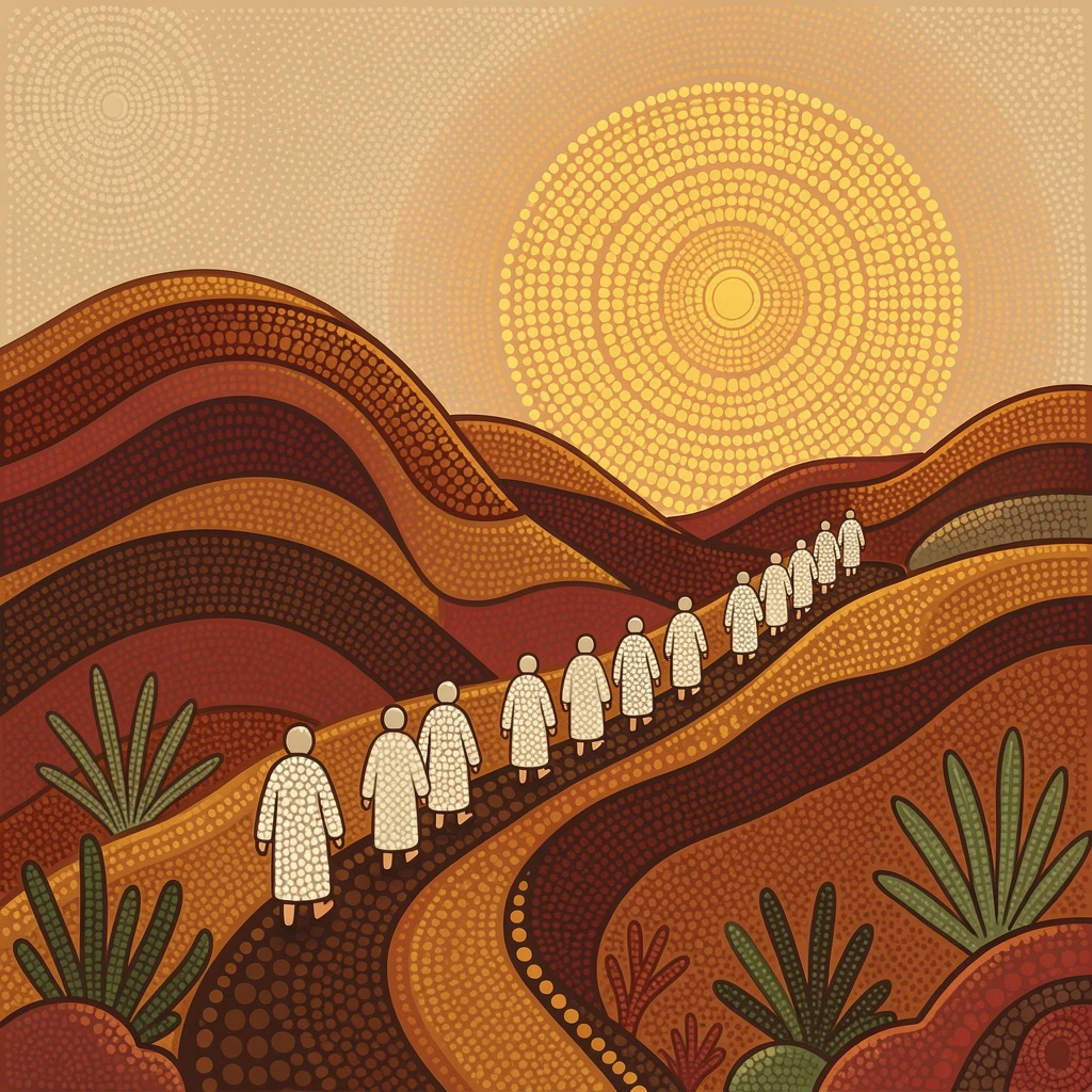 Pilgrims walking a mountain trail at dawn at sunrise