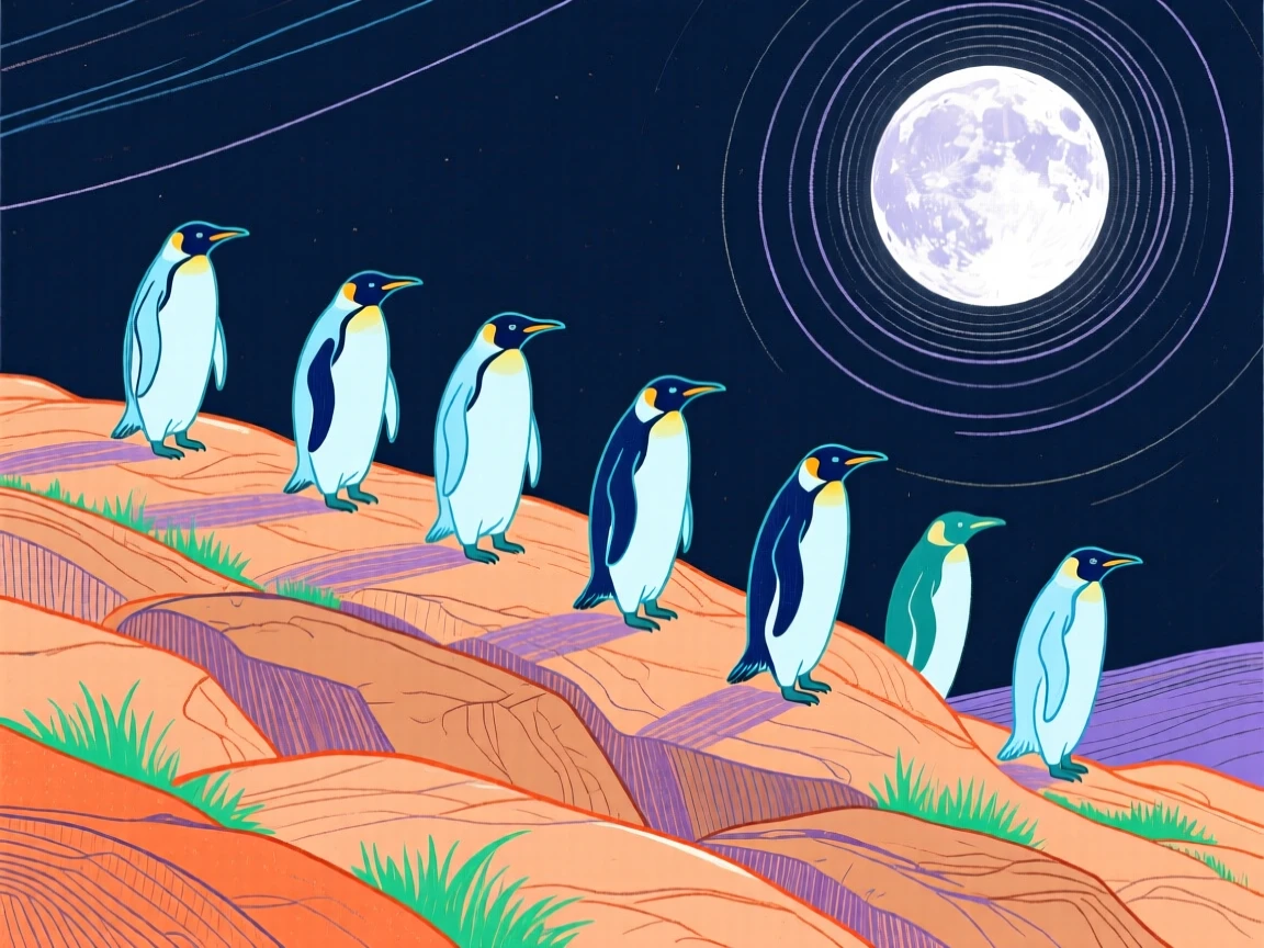 A group of penguins wandering on a rocky hillside under a full moon.