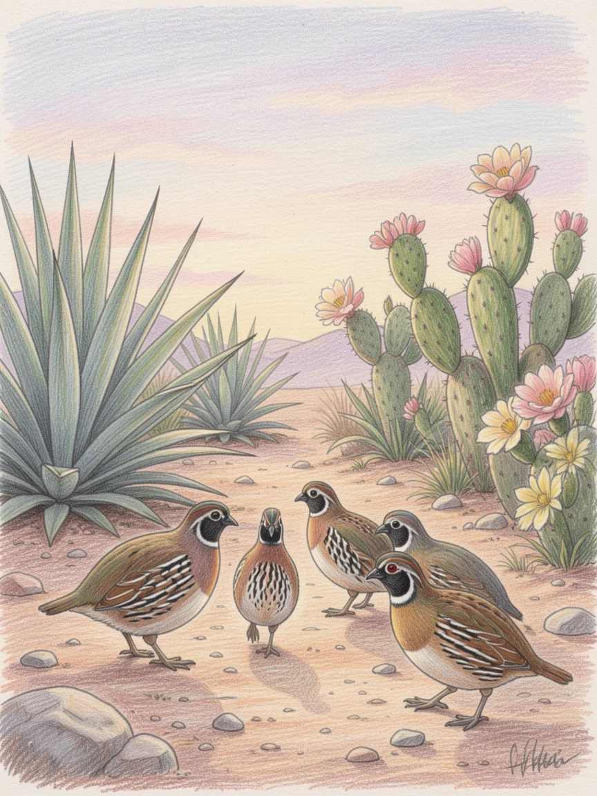 A family of quail wandering through a desert garden at dawn, captured in a quiet, intimate moment full of atmosphere, designed to feel inviting, memorable, and shareable.