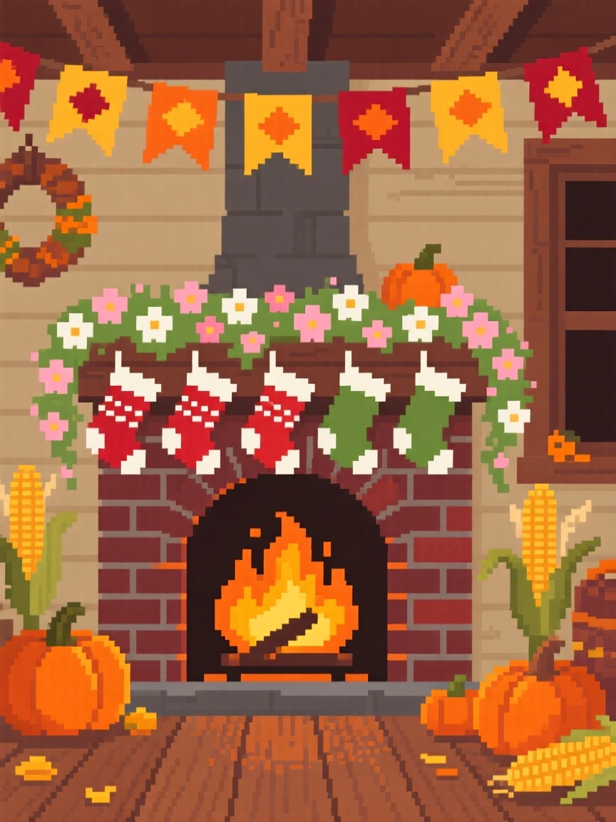 A fireplace stocked with stockings covered in a blanket of fresh spring blossoms, on a porch decorated for a harvest festival.