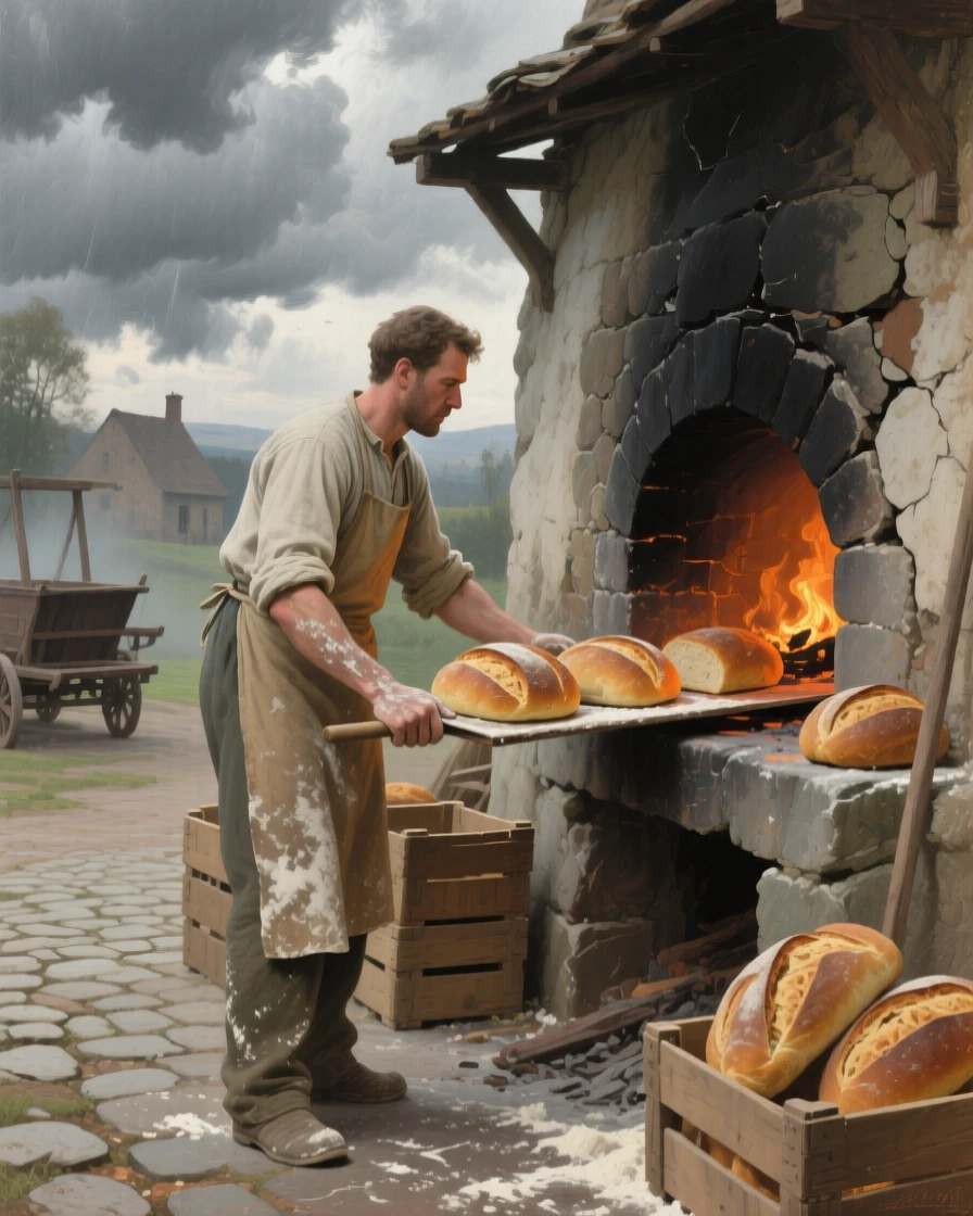 A wide establishing shot of a baker sliding loaves of bread into a stone oven, at midday, beneath heavy grey storm clouds.
