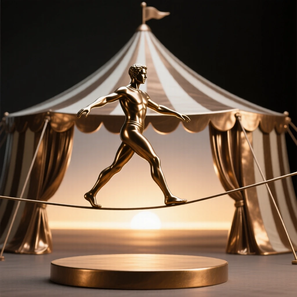 A tightrope walker's silhouette against a circus big top, silhouetted against a glowing horizon, forming a strong central focal point