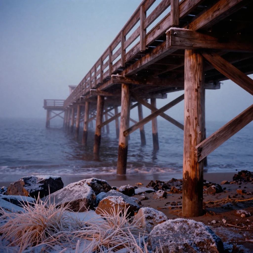 A weathered pier stretching out into a misty sea, in cool blue twilight, with a soft breeze stirring the air, under the first snow of winter, in earthy terracotta and ochre shades, captured from a low angle looking up.