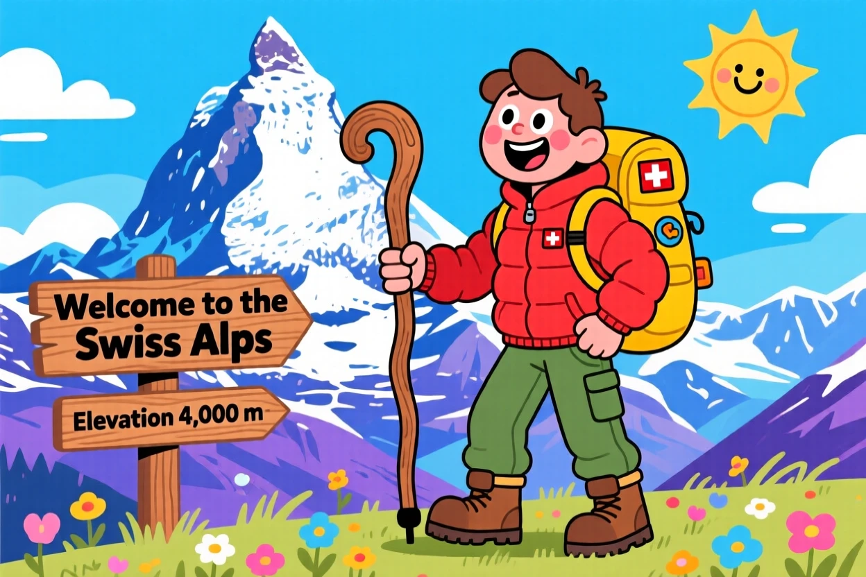 A hiker standing before the towering peaks of the Swiss Alps.