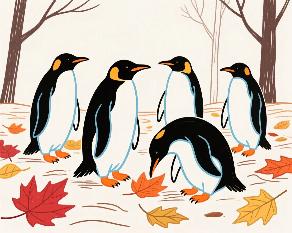 A group of penguins exploring among autumn leaves on a crisp autumn day.