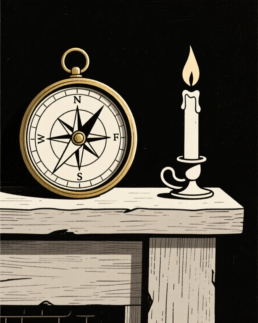 A brass compass resting on a rustic mantelpiece, surrounded by a burning candle, evoking nostalgic charm.