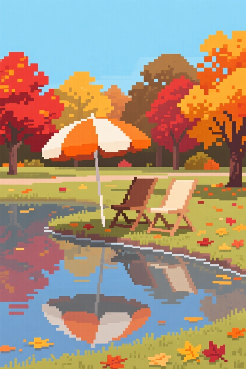 A beach umbrella and folding chairs reflected in a calm autumn pond, in a park during peak autumn color.