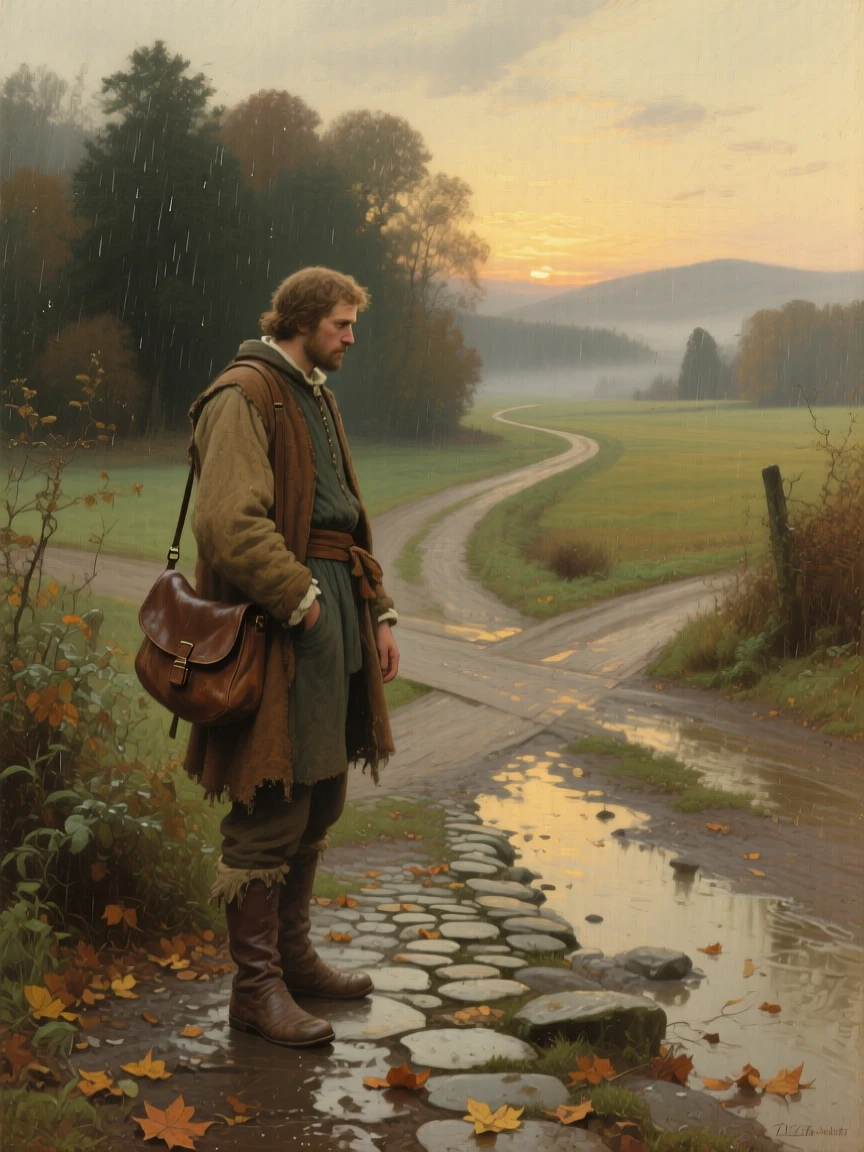 A detailed close shot of a traveler pausing at a crossroads, torn between two paths, during a light rain, just after sunrise.