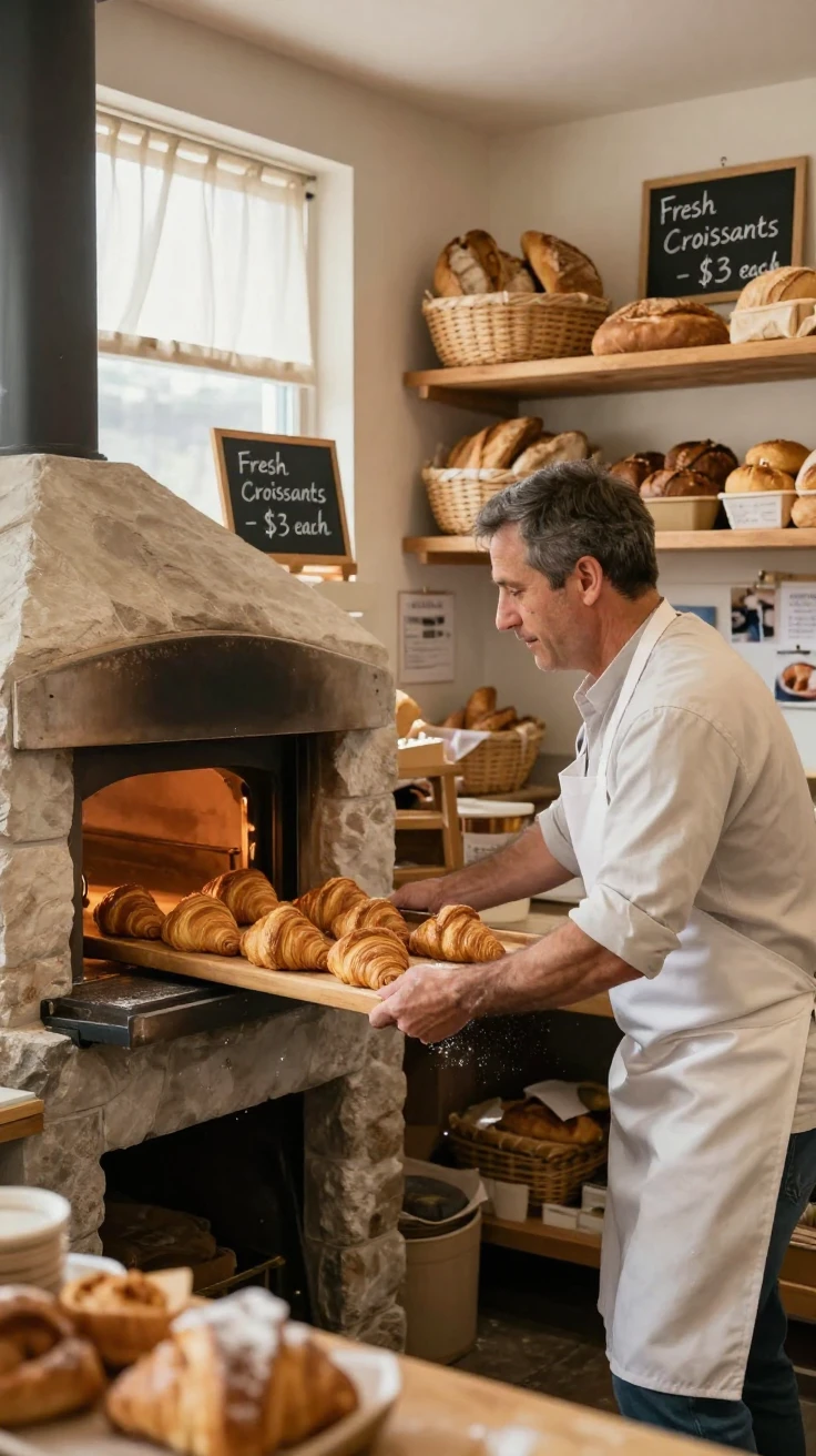 A baker pulls a tray of golden croissants from a wood oven at a small corner bakery.