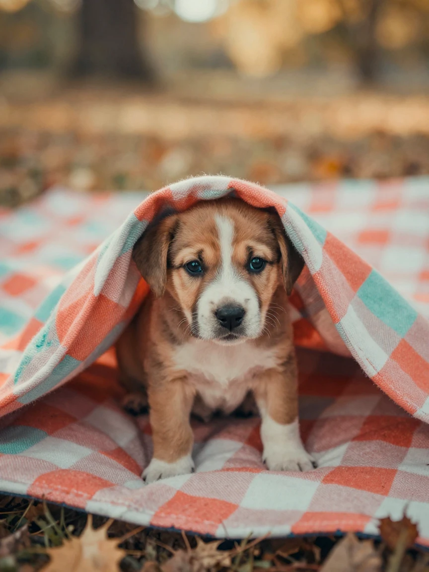 A puppy peeking out from beneath a checkered picnic blanket, in warm morning light, with a soft breeze stirring the air, in the mild days of early autumn, in vivid coral and turquoise hues, at eye level, intimate and direct.