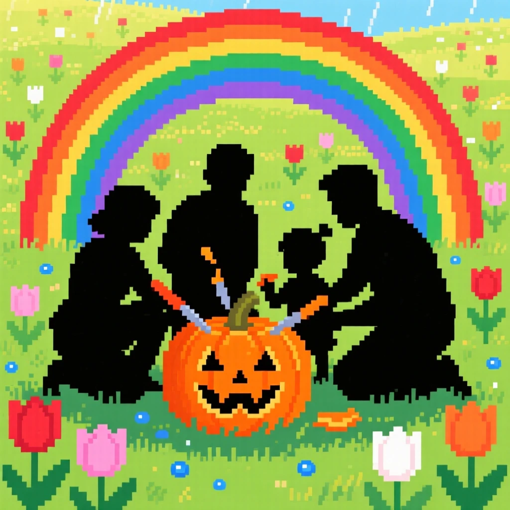 A family carving a pumpkin framed by a rainbow after summer rain, in a sunlit spring meadow full of tulips.