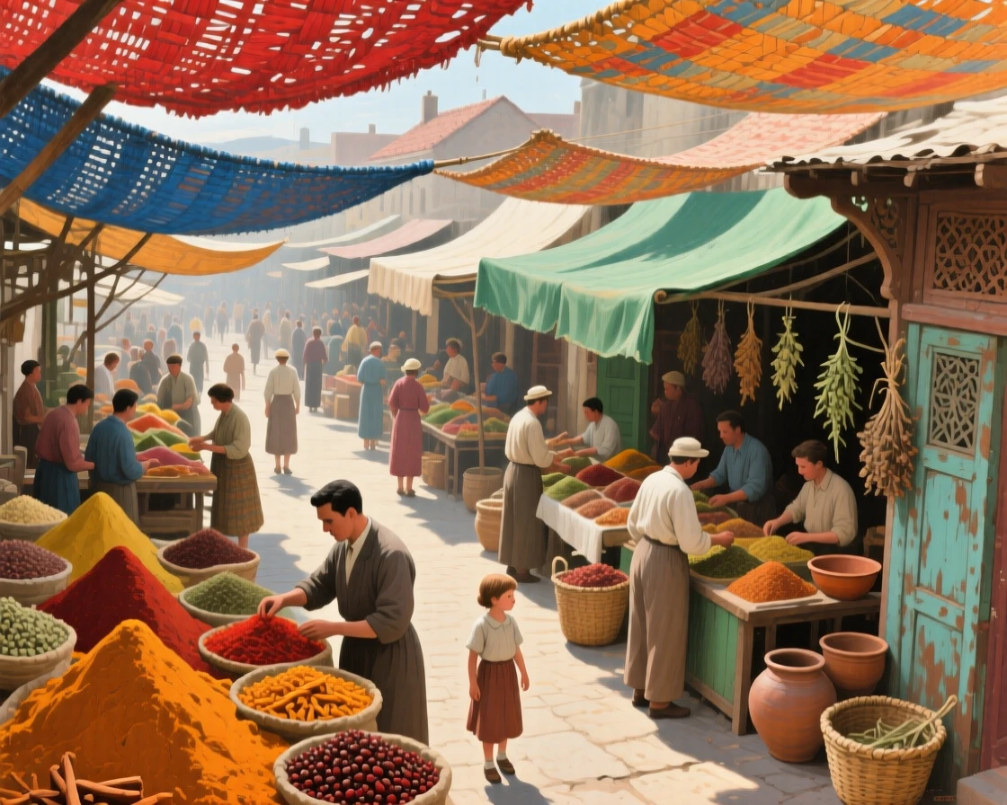 A bird's-eye view of a bustling spice market beneath colorful woven awnings, in the 1950s, at midday.