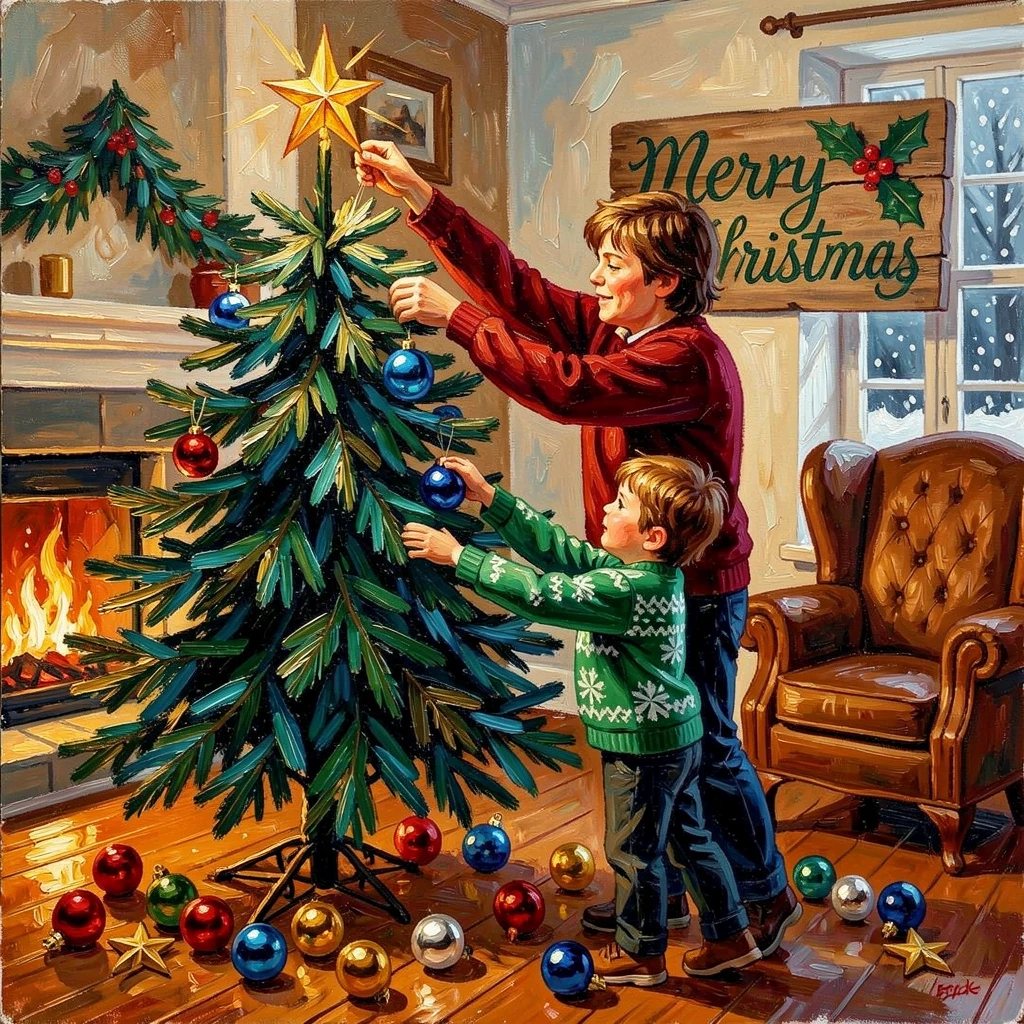 Siblings decorating a Christmas tree together, ornaments scattered across the living room floor.