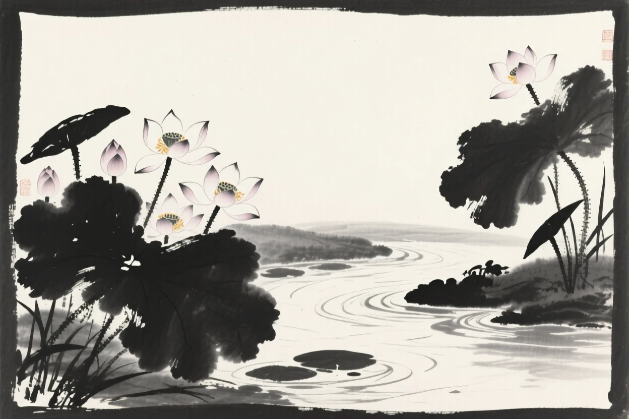 A cluster of blooming lotus flowers along the bank of a slow-moving stream, framed asymmetrically for quiet visual balance, evoking quiet elegance and simple grace.