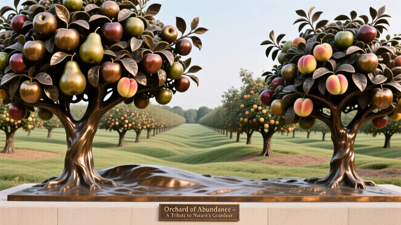 A peaceful orchard heavy with ripening fruit, capturing a powerful sense of scale and grandeur, offering a breathtaking sense of place