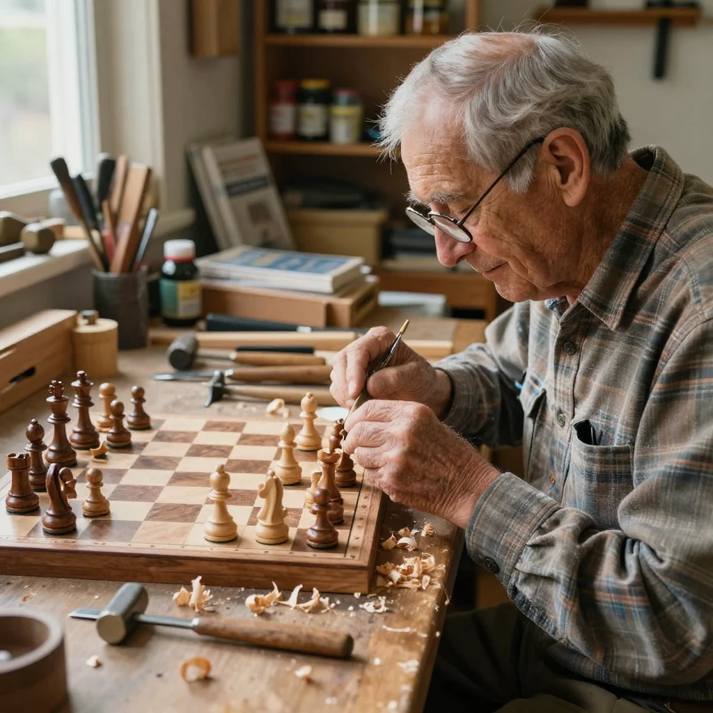 An elderly craftsman carves a wooden chess set at a workbench cluttered with tools and shavings.