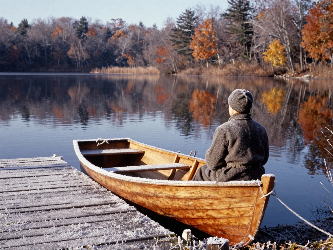 A wooden rowboat tied to a dock on a calm, glassy lake, under harsh midday sun, with frost coating every surface, under the first snow of winter, dominated by warm amber and rust tones, over the shoulder of the main subject.
