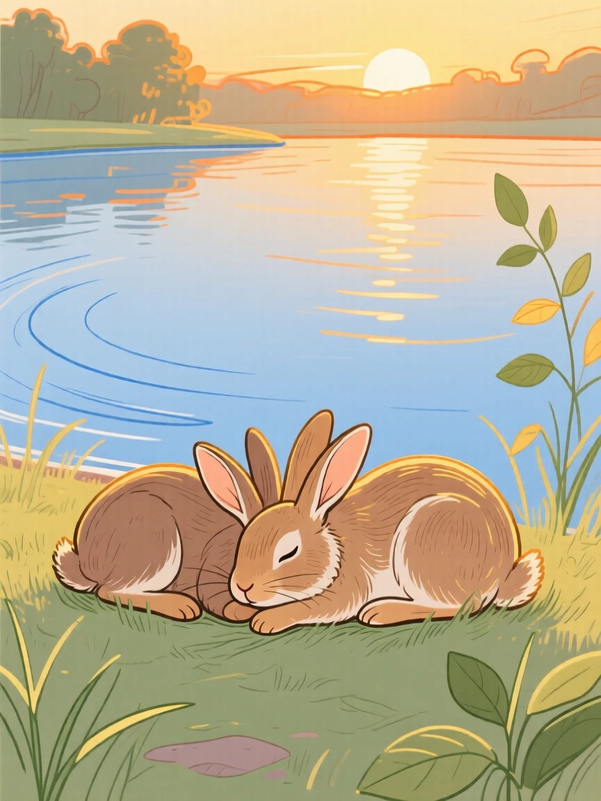 A pair of rabbits napping beside a still lake during golden hour.