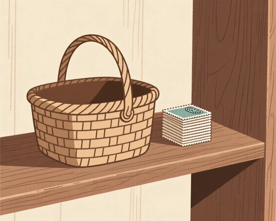 A close-up study of a woven picnic basket placed beside a stack of postage stamps on an antique shelf, full of vintage warmth.