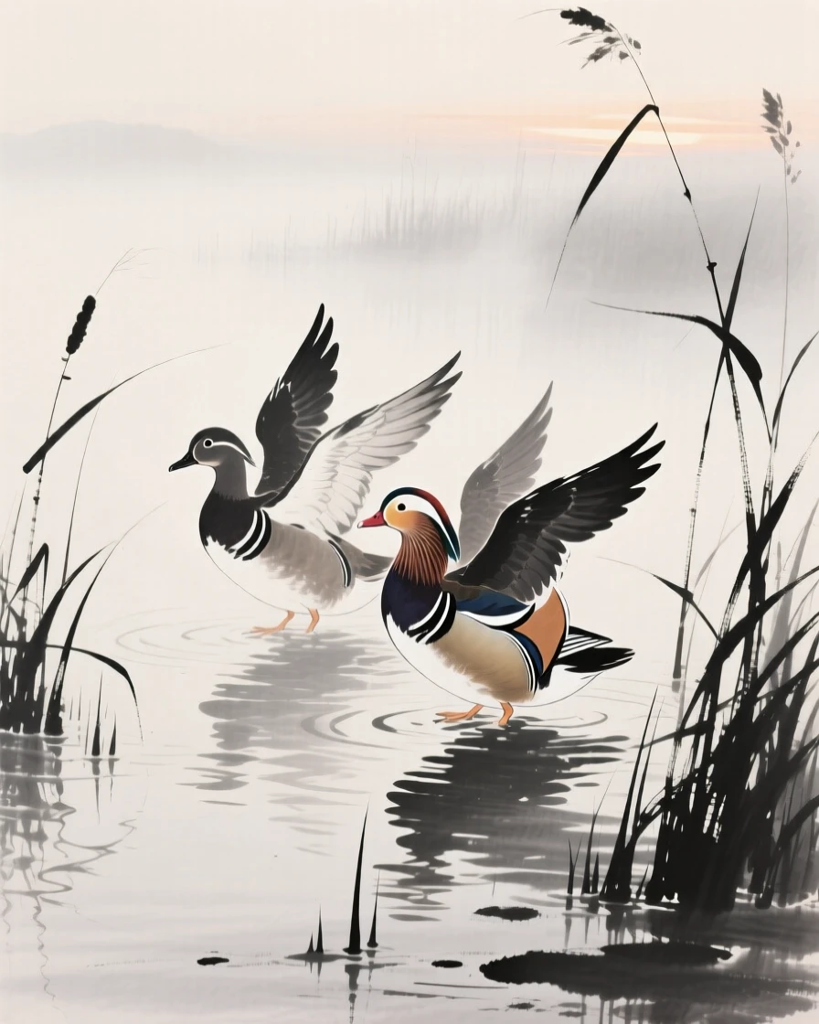 A mandarin duck pair wading through shallow reeds above a misty wetland at dawn, captured mid-motion with wings outstretched, capturing a fleeting moment of natural beauty.