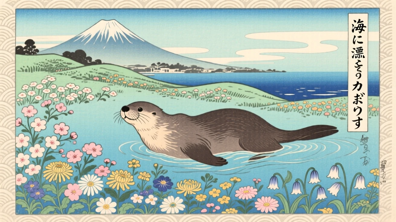 A sea otter drifting above a field of wildflowers.