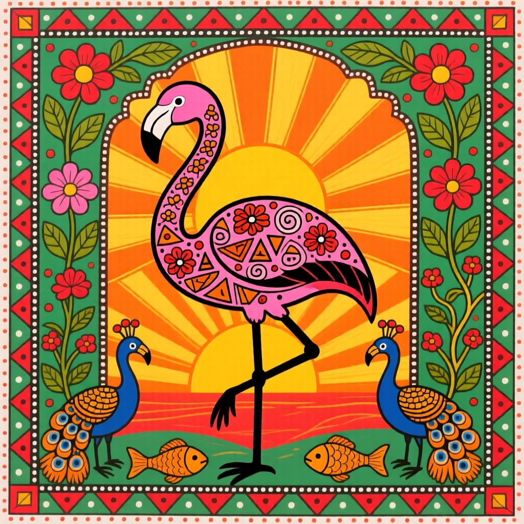 A flamingo standing gracefully on one leg at sunrise.