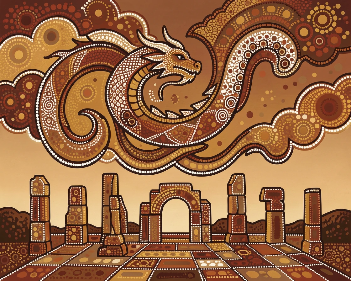 A cloud dragon rising above ancient ruins